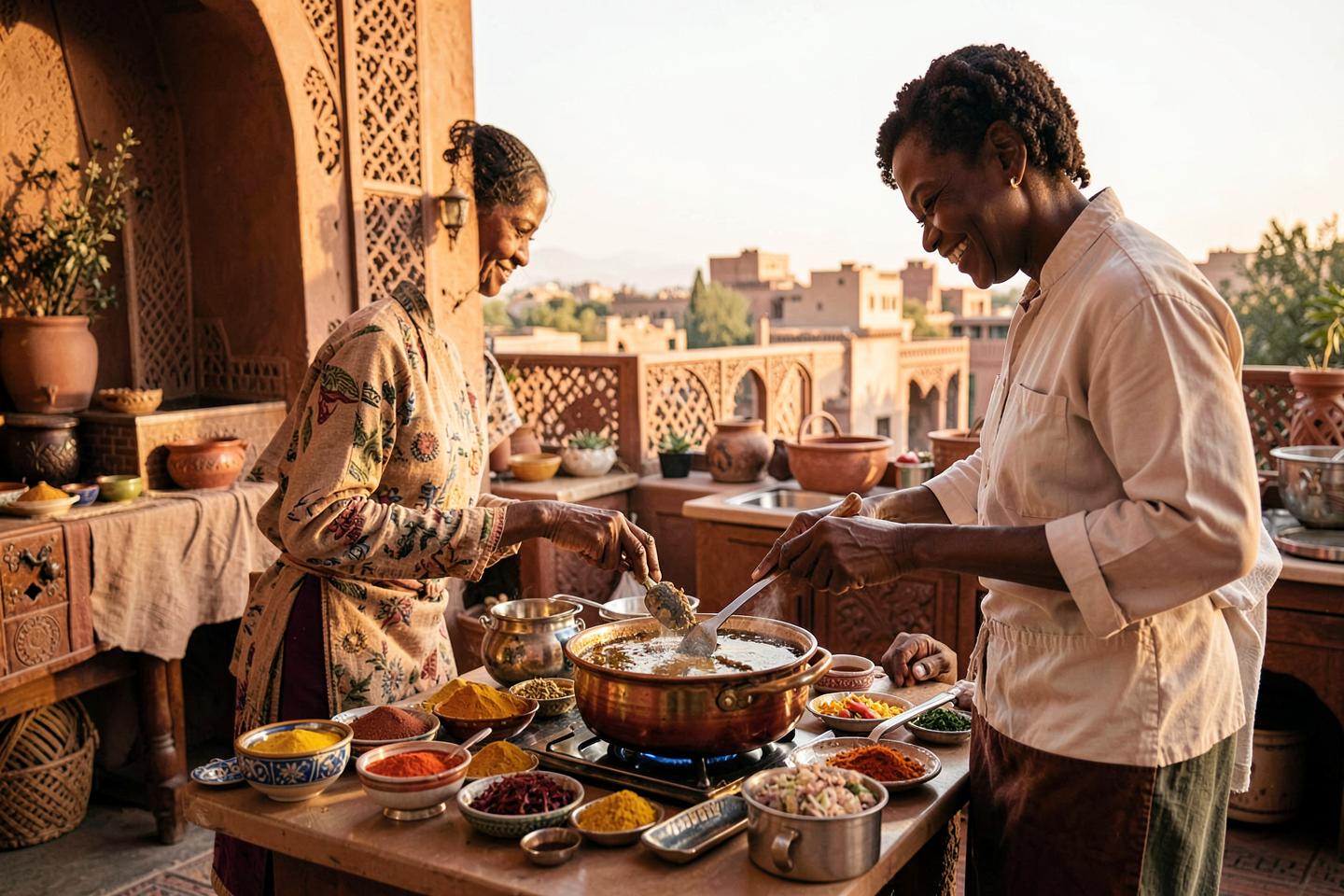 A traveler preparing a tagine with a local chef at a Marrakech cooking class