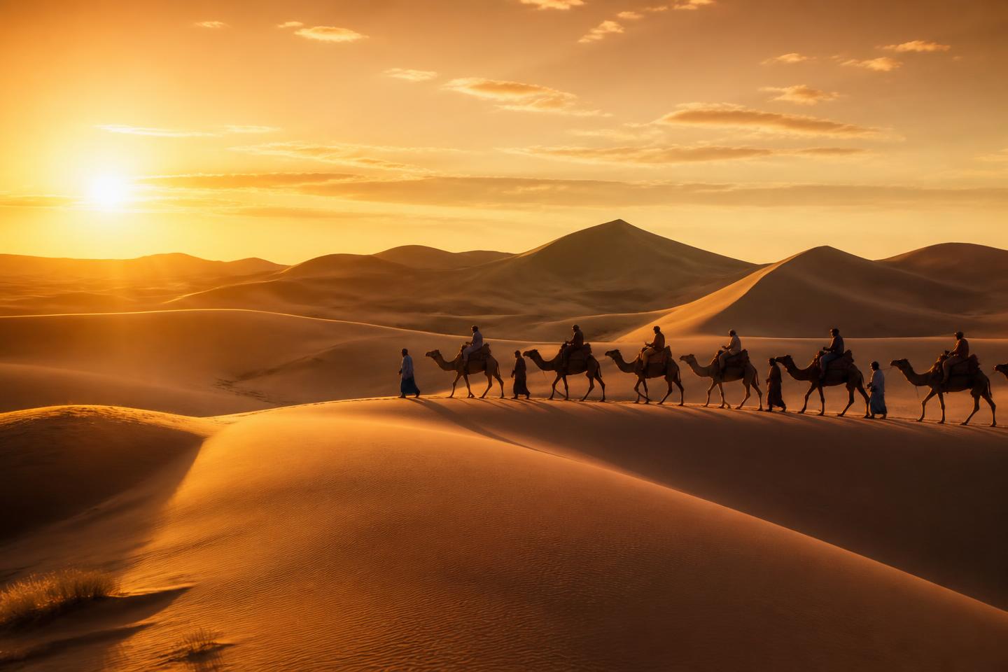 A camel caravan crossing Sahara dunes at sunrise