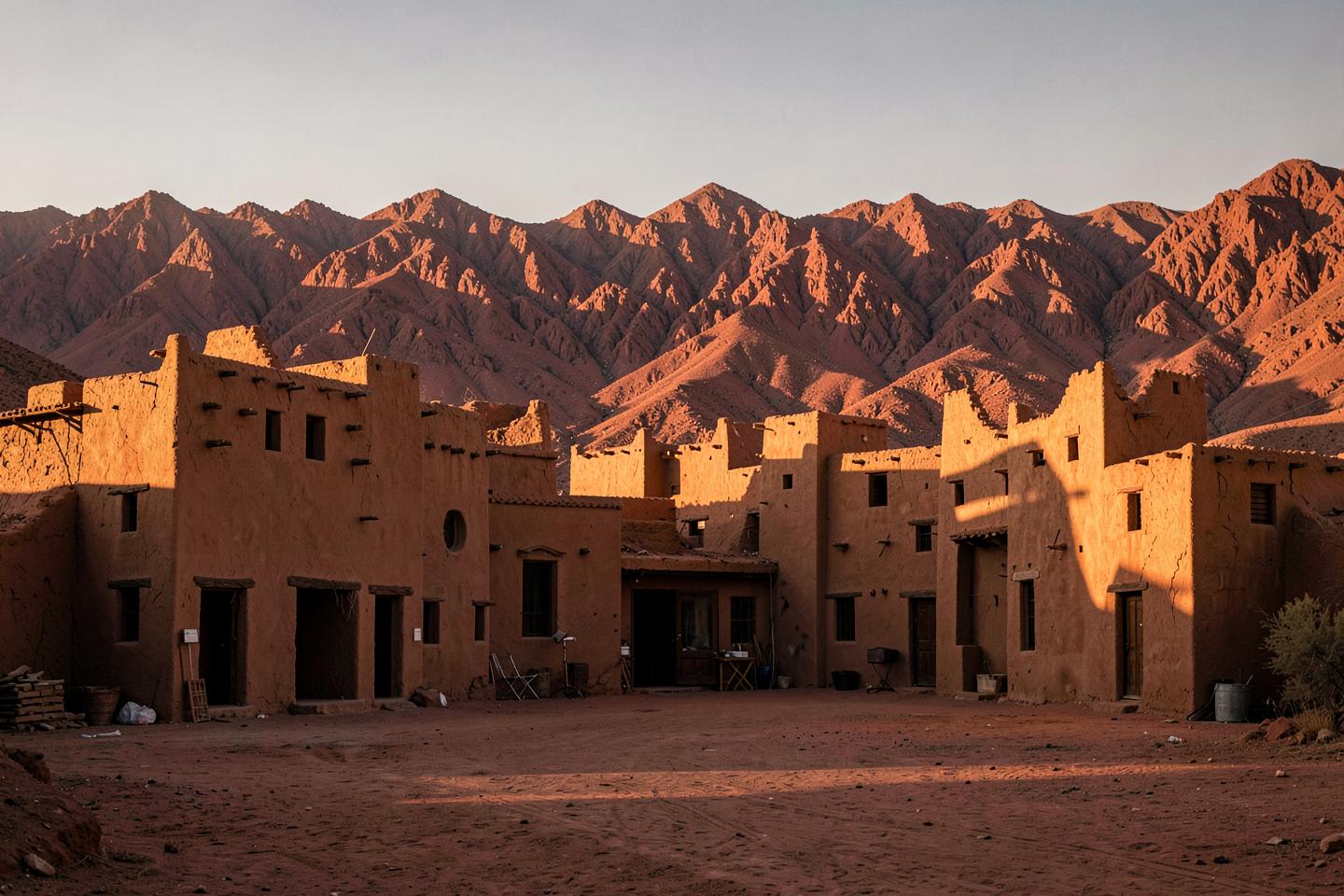 Clay kasbah film sets in the desert near Ouarzazate at sunset