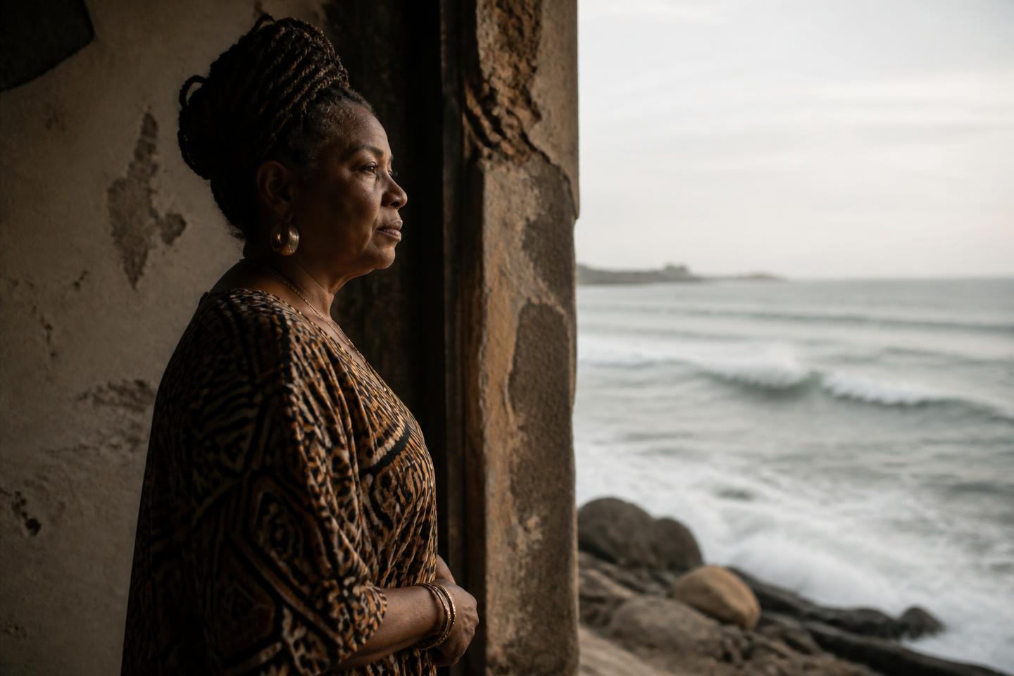 A traveler pausing at a coastal doorway looking out to the Atlantic