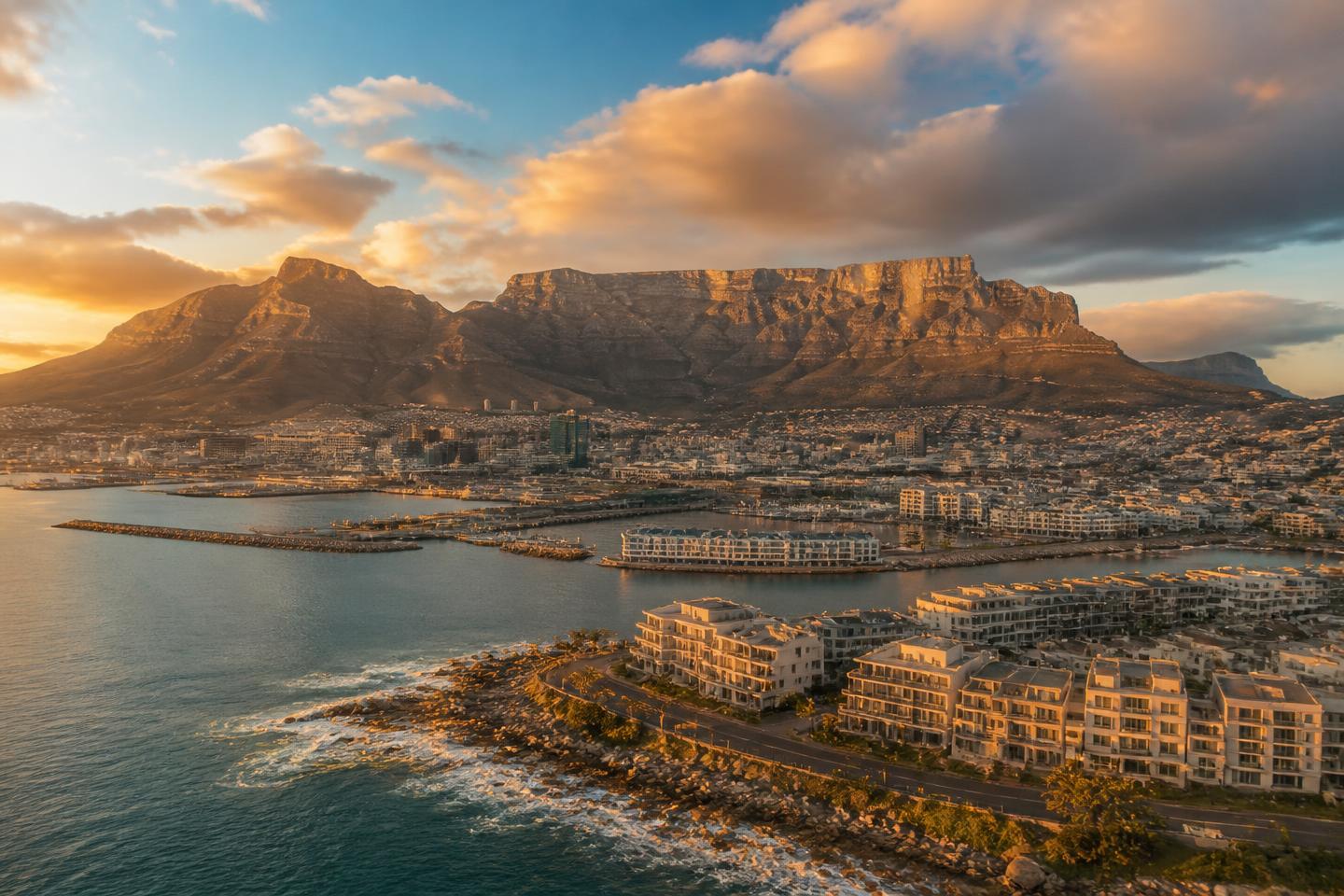 Table Mountain rising above Cape Town and the Atlantic coastline at golden hour