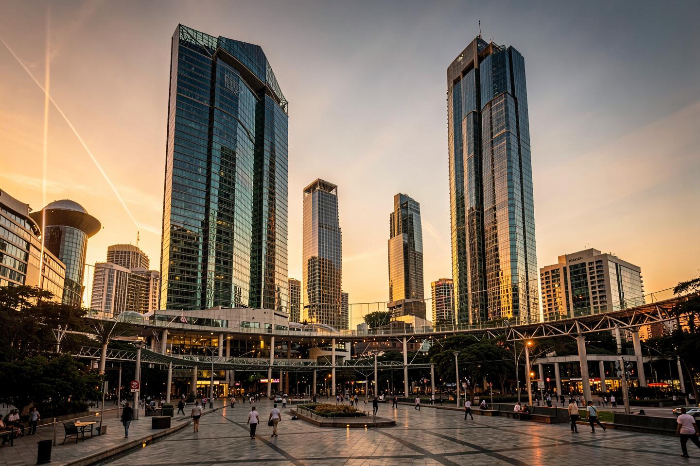 Glass towers of the Sandton skyline in Johannesburg at golden hour