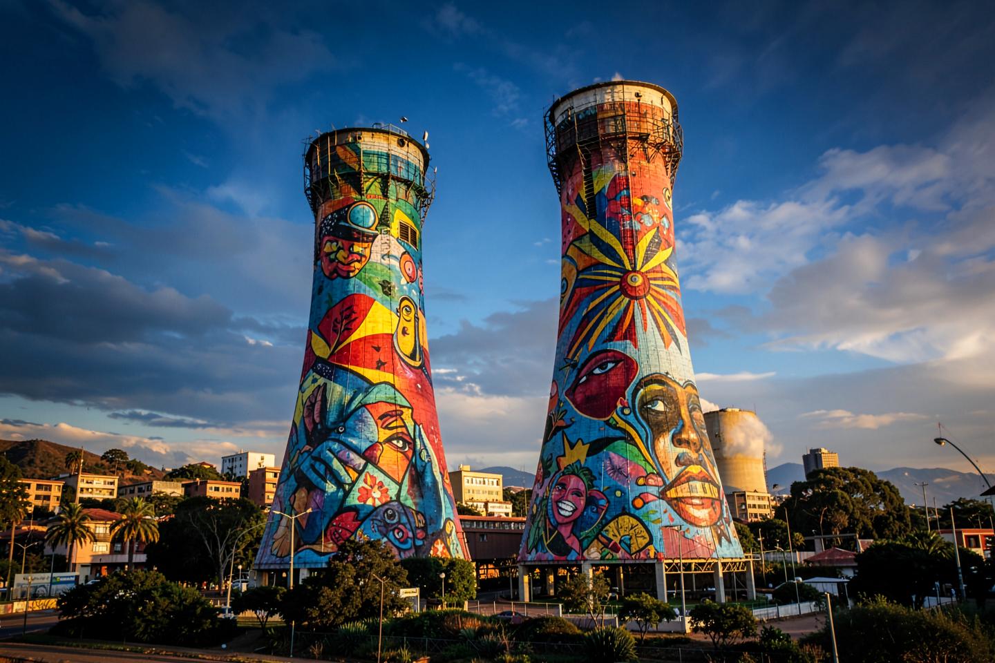 The mural covered Orlando Towers rising over Soweto against a blue sky