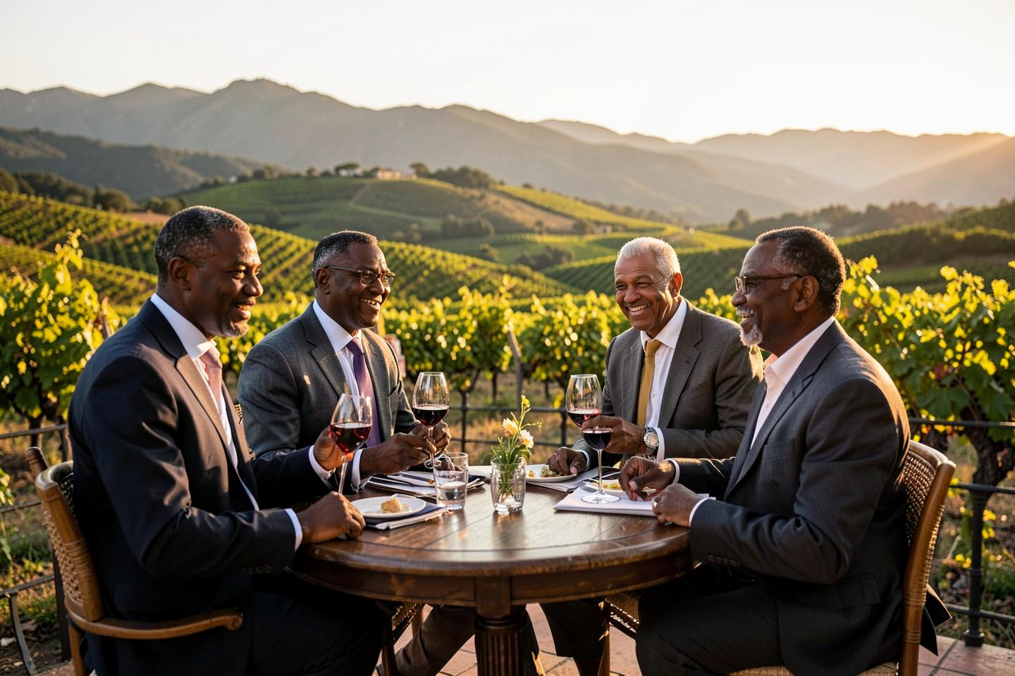 Travelers tasting wine on a terrace at a Cape winelands vineyard estate